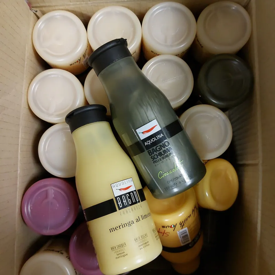 BOX OF APPROXIMATELY 20 ASSORTED AQUOLINA BAGNO BATH/SHOWER FOAMS TO INCLUDE WHITE CHOCOLATE, VANILLA, ROSE FROSTED CUPCAKE ETC