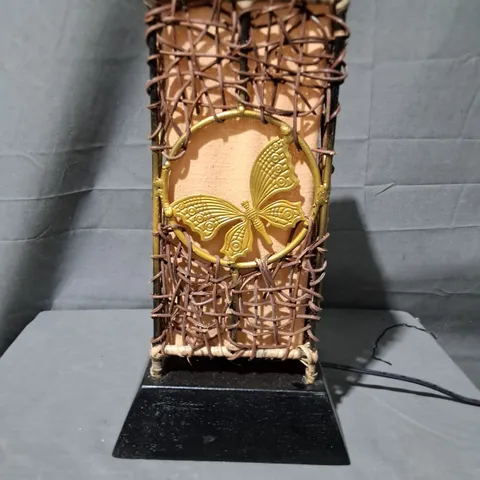 WOOD AND RATTAN BUTTERFLY THEMED 35CM PEDESTAL TABLE LAMP IN HANDPRINTS GOLD/BLACK