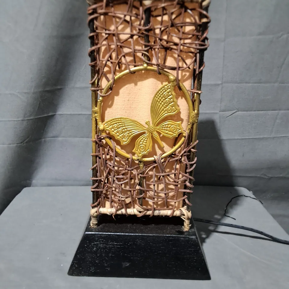 WOOD AND RATTAN BUTTERFLY THEMED 35CM PEDESTAL TABLE LAMP IN HANDPRINTS GOLD/BLACK