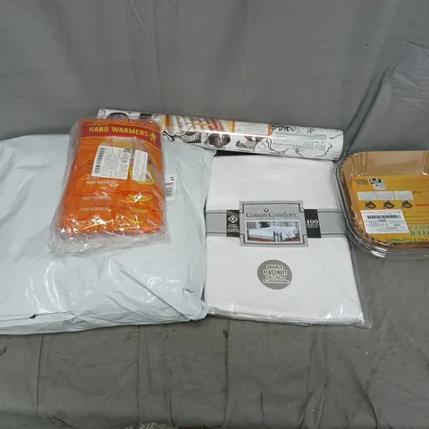 APPROXIMATELY 15 ASSORTED HOUSEHOLD PRODUCTS TO INCLUDE HAND WARMERS, DOUBLE FLAT SHEET, WALLPAPER, ETC