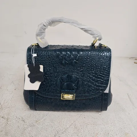 100% GENUINE LEATHER CROC EMBOSSED CONVERTIBLE BAG WITH DETACHABLE LONG STRAP - TEAL BLUE 