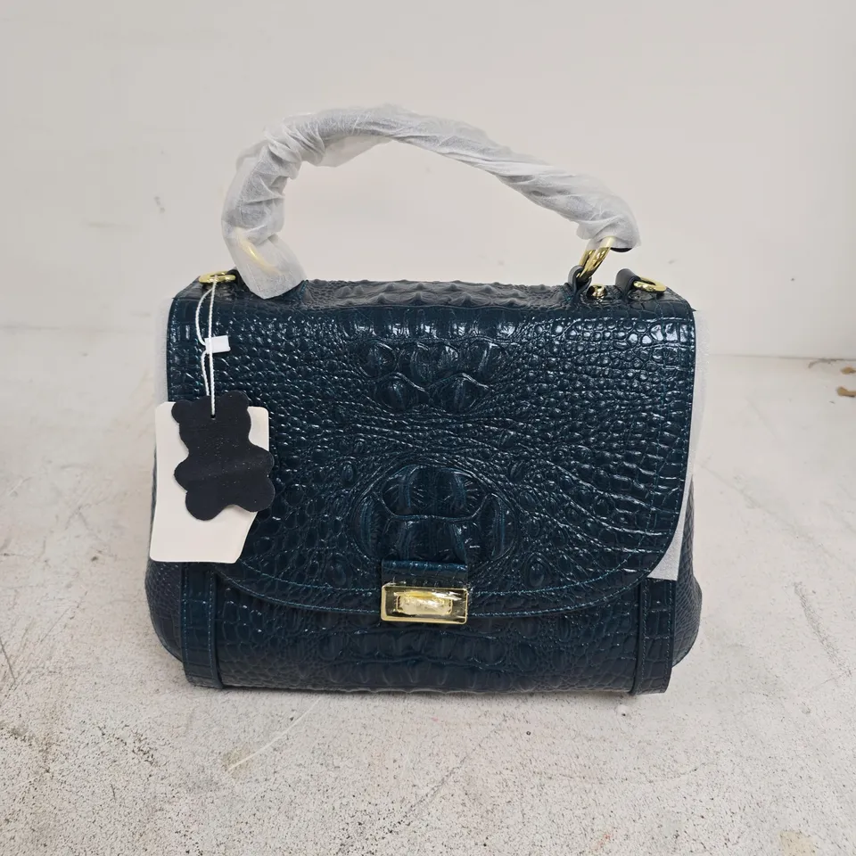 100% GENUINE LEATHER CROC EMBOSSED CONVERTIBLE BAG WITH DETACHABLE LONG STRAP - TEAL BLUE 