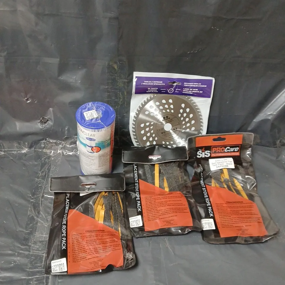 APPROXIMATELY 20 ASSORTED ITEMS TO INCLUDE SELF ADHESIVE FLAT TAPE PACK, FLOWCLEAR FILTER, SAW BLADE, ETC