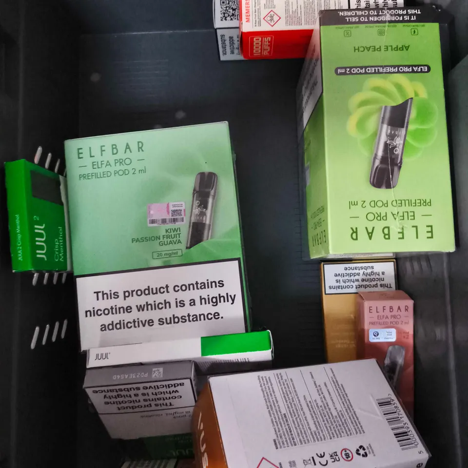 APPROXIMATELY 15 ASSORTED E-CIGARETTE AND VAPE PRODUCTS TO INCLUDE ELFBAR, IVG, JUUL2 ETC 