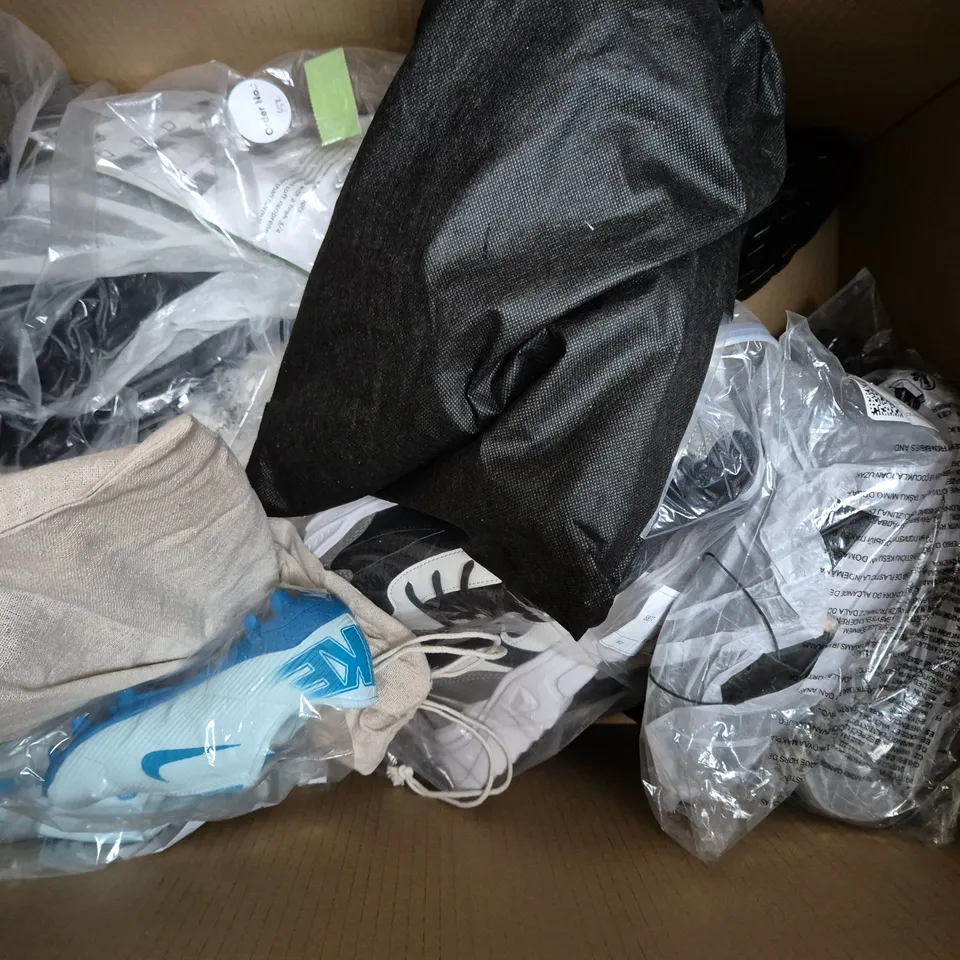 BOX OF APPROXIMATELY 10 ASSORTED PAIRS OF SHOES AND FOOTWEAR ITEMS IN VARIOUS COLOURS, STYLES, AND SIZES - COLLECTION ONLY