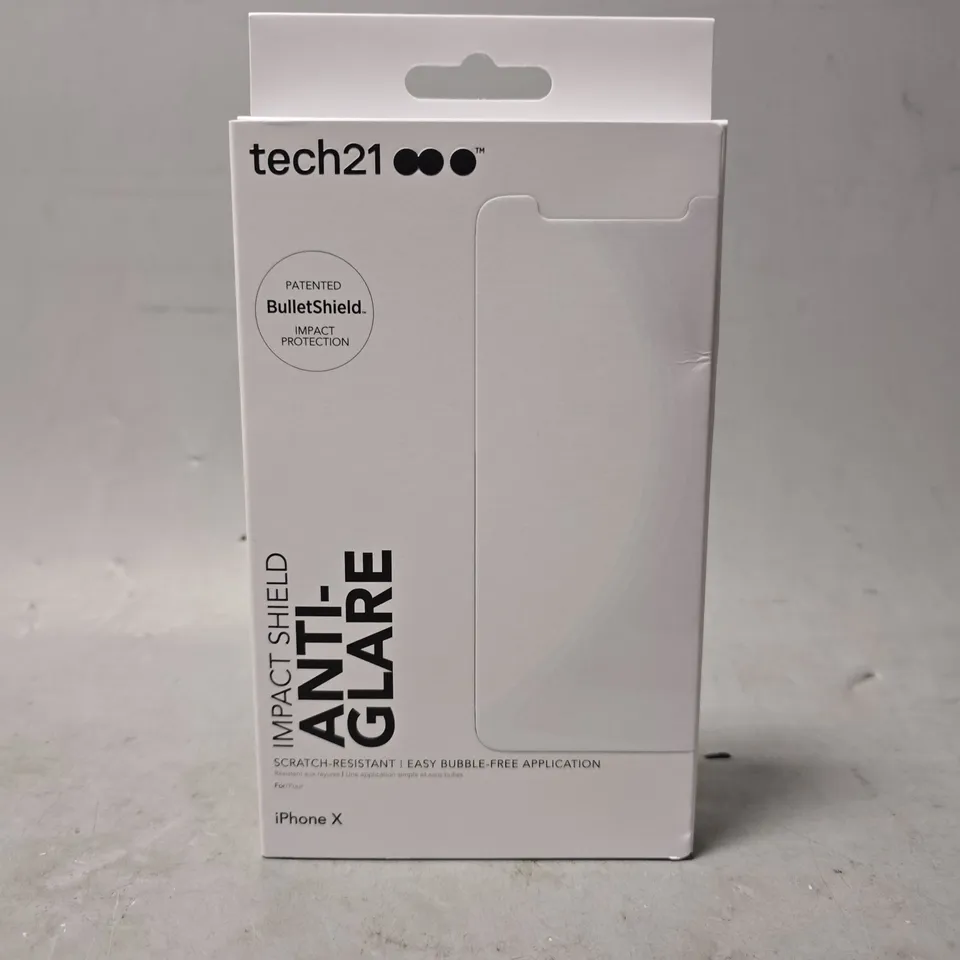 BOX OF APPROXIMATELY 100 TECH 21 IMPACT SHIELDS WITH ANTI GLARE FOR IPHONE X