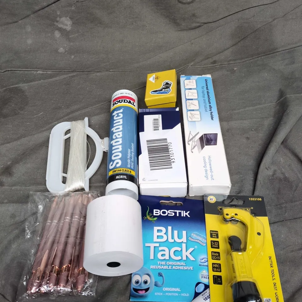 APPROXIMATELY 15 ASSORTED HOUSEHOLD ITEMS TO INCLUDE BLU TACK, PENS AND PIPE CUTTER