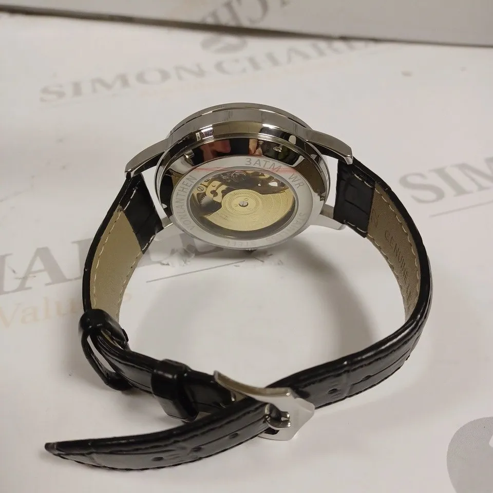 MENS VONLANTHEN AUTOMATIC WATCH – SILVER AND BLUE TEXTURED DIAL - GLASS EXHIBITION BACKCASE – BLACK LEATHER STRAP