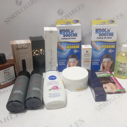 LOT OF ASSORTED COSMETIC ITEMS TO INCLUDE CASTOR OIL, NIVEA AND POWER SHAMPOO