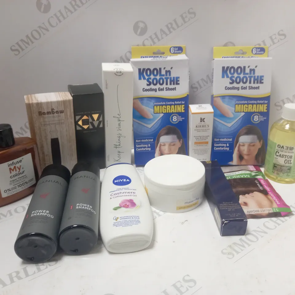 LOT OF ASSORTED COSMETIC ITEMS TO INCLUDE CASTOR OIL, NIVEA AND POWER SHAMPOO 