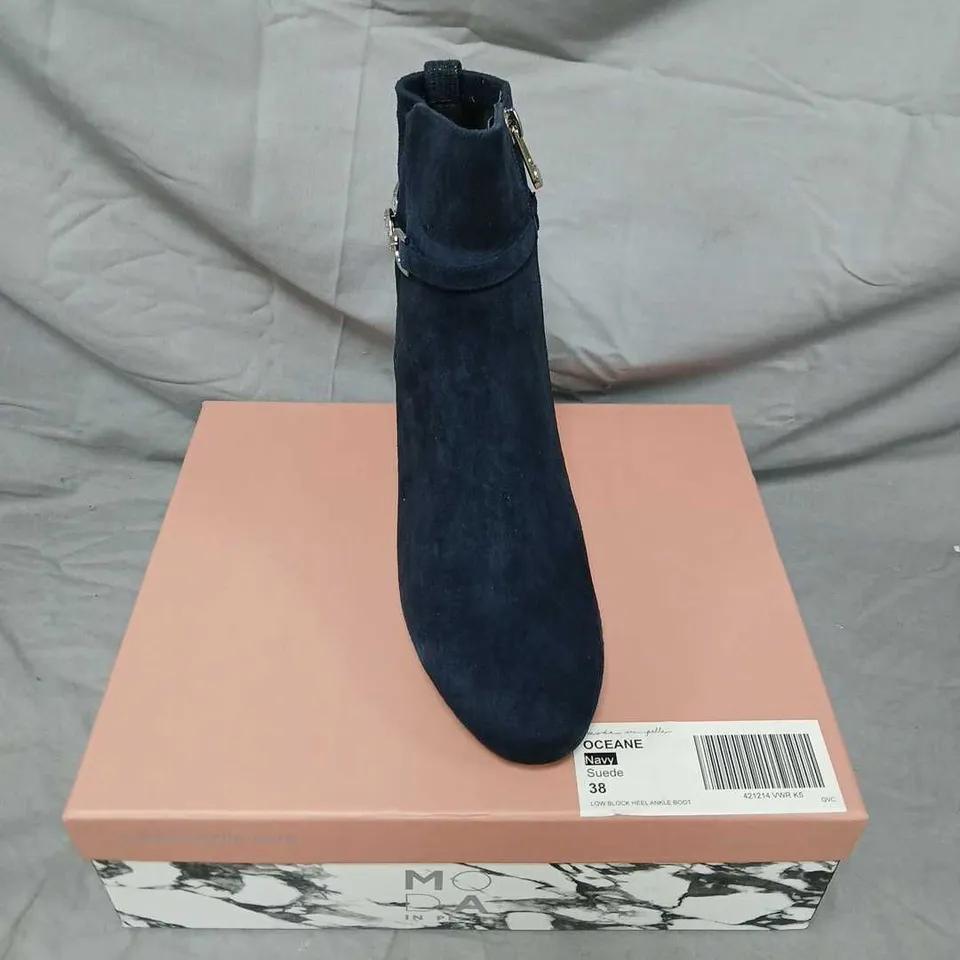 OCEANE NAVY SUEDE LOW BLOCK HEEL ANKLE BOOT – UK 5