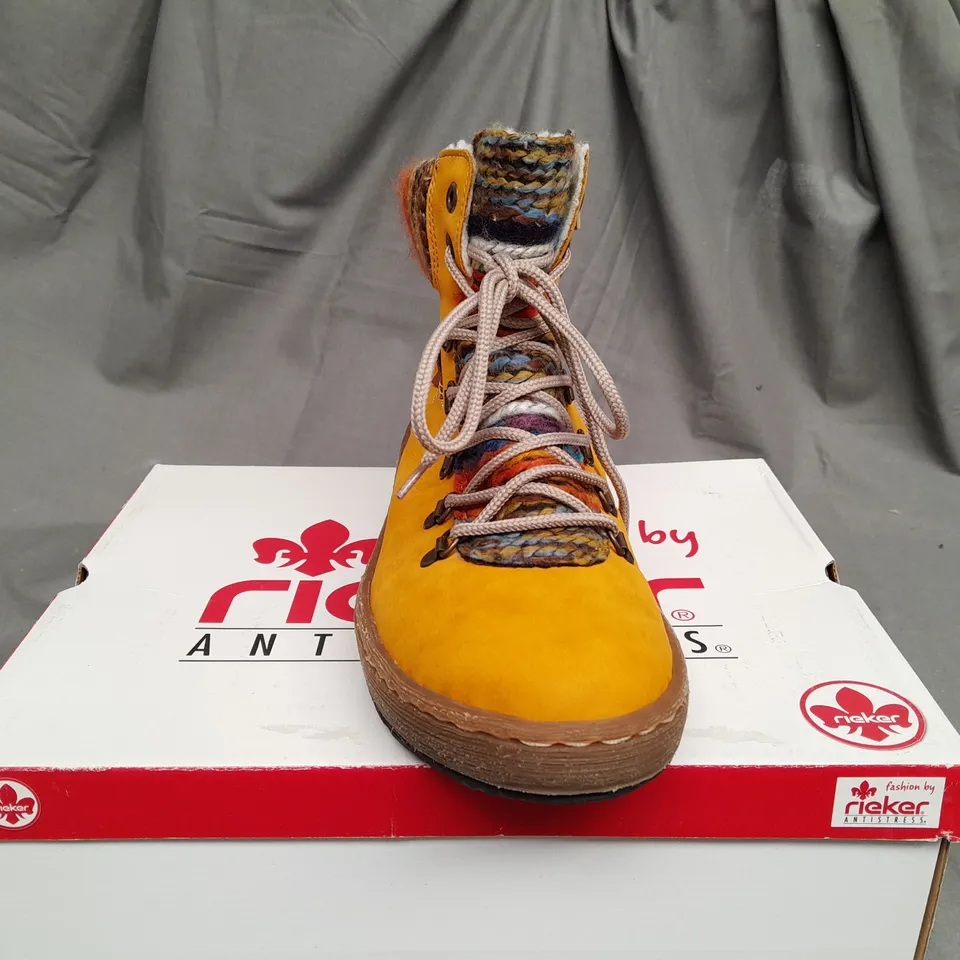 BOXED PAIR OF RIEKER FLEECE LINING BOOTS IN YELLOW - UK 6