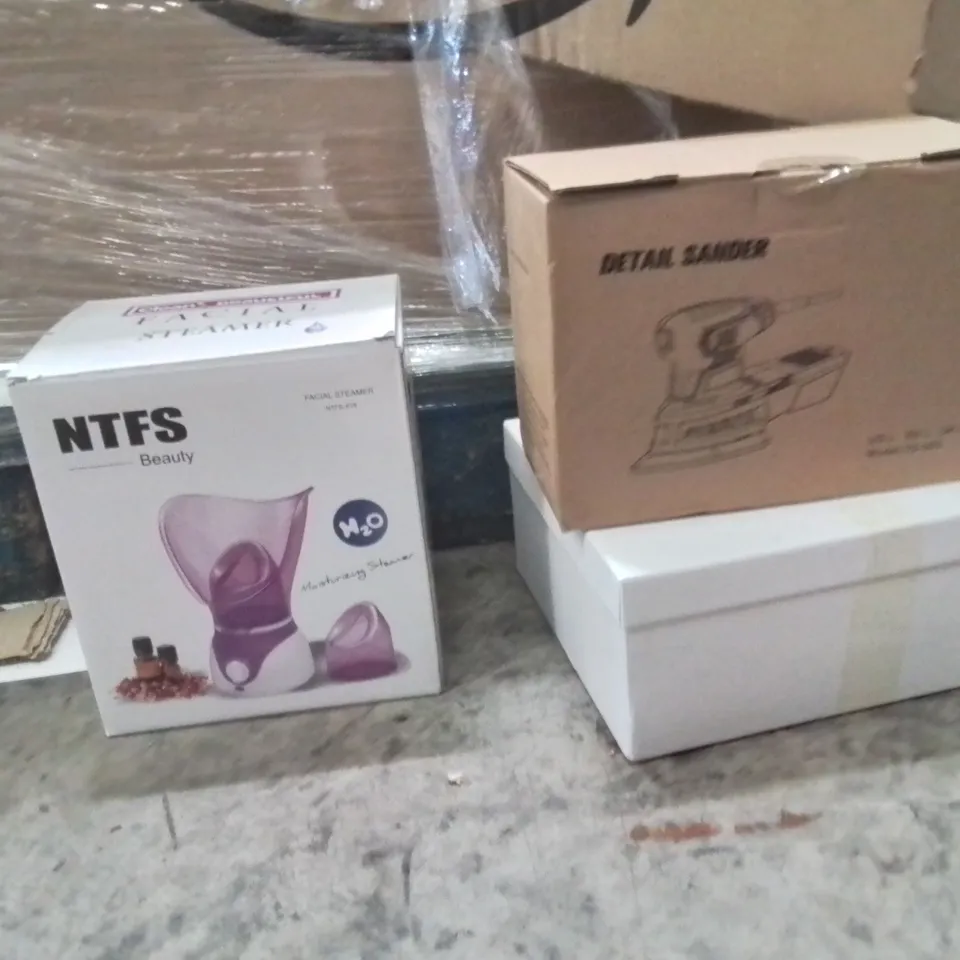 PALLET OF ASSORTED HOUSEHOLD GOODS AND PRODUCTS TO INCLUDE;FACIAL STEAMER,DETAIL SANDER,JEWELLERY BOX