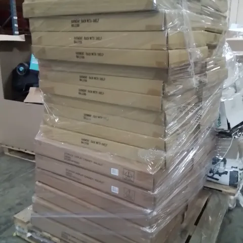PALLET CONTAINING A LARGE QUANTITY OF FLATPACKED PRODUCTS TO INCLUDE;GARMENT RACK WITH SHELF AND STORAGE DISPLAY CABINET