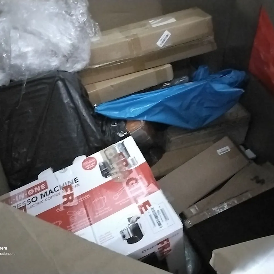 PALLET OF ASSORTED ITEMS INCLUDING MASS DYNAMICS TOILET SEAT, HOMIDEC DRYING RACK, 100" PROJECTOR SCREEN, OFFICE CHAIR, CEILING FAN WITH LIGHT, ESPRESSO MACHINE 