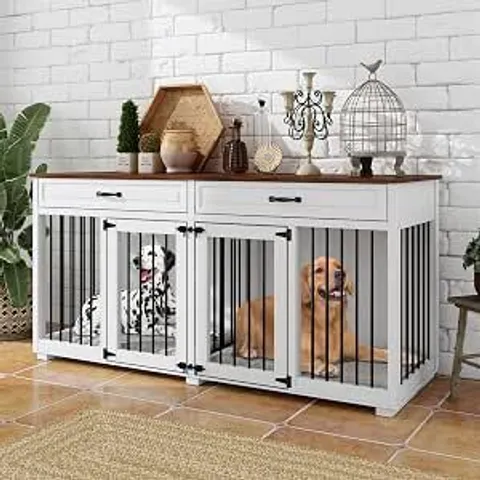 BOXED LARGE DOG CRATE FURNITURE, HEAVY DUTY DOGS CAGE WITH DOUBLE DOORS, DIVIDER, 2 DRAWERS, WOODEN INDOOR DOG KENNEL SIDE TABLE, 164L X 60W X 80H CM, BROWN & WHITE