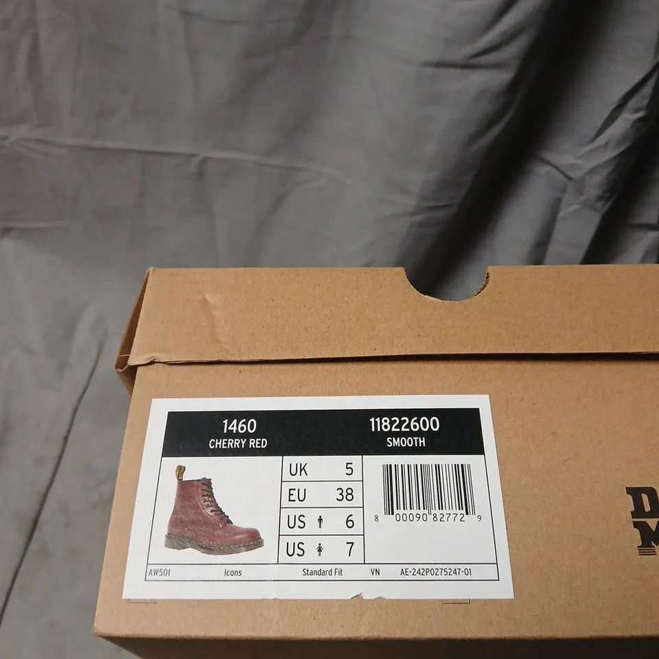 DR. MARTENS 1460 CHERRY RED BOOTS, UK5 (EU38) – BOXED