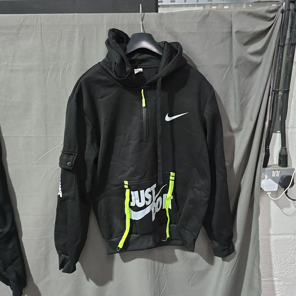 NIKE BLACK HOODIE WITH NEON ACCENTS AND 'JUST DO IT' POCKET GRAPHIC – UK SMALL (S)