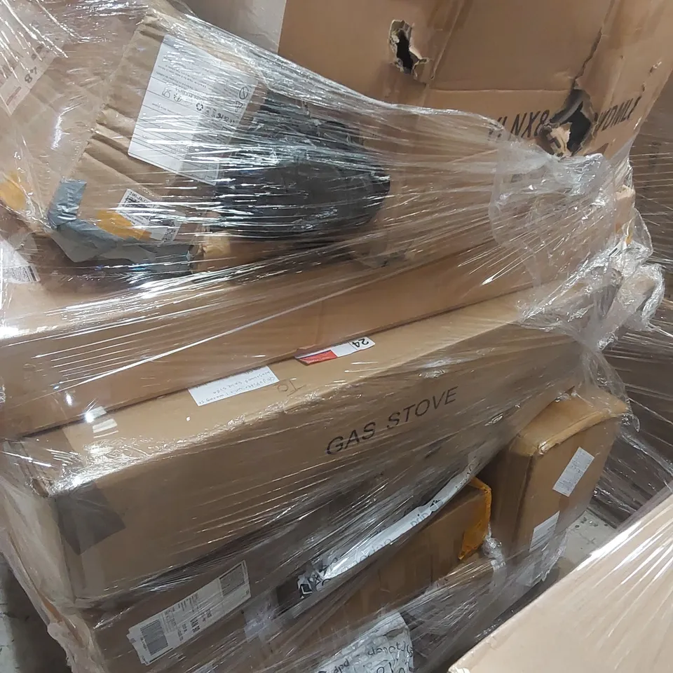 PALLET CONTAINING VARIOUS ASSORTED BOXED HOUSEHOLD ITEMS TO INCLUDE, GAS STOVE, VANITY MIRROR, LARGE FOOTSTOOL, TANK TRUCK AND LOTS MORE UNMARKED BOXED ITEMS 