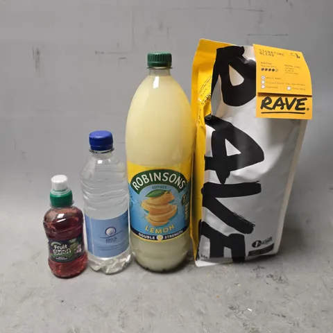 APPROXIMATELY 7 ASSORTED FOOD & DRINK ITEMS TO INCLUDE - FRUIT SHOOT , RAVE SIGNATURE BLEND , WATER ETC