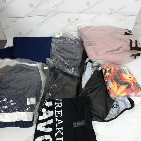 LARGE BOX OF ASSORTED CLOTHING ITEMS IN VARIOUS COLOURS AND SIZES INCLUDING TROUSERS , TOPS AND JUMPERS