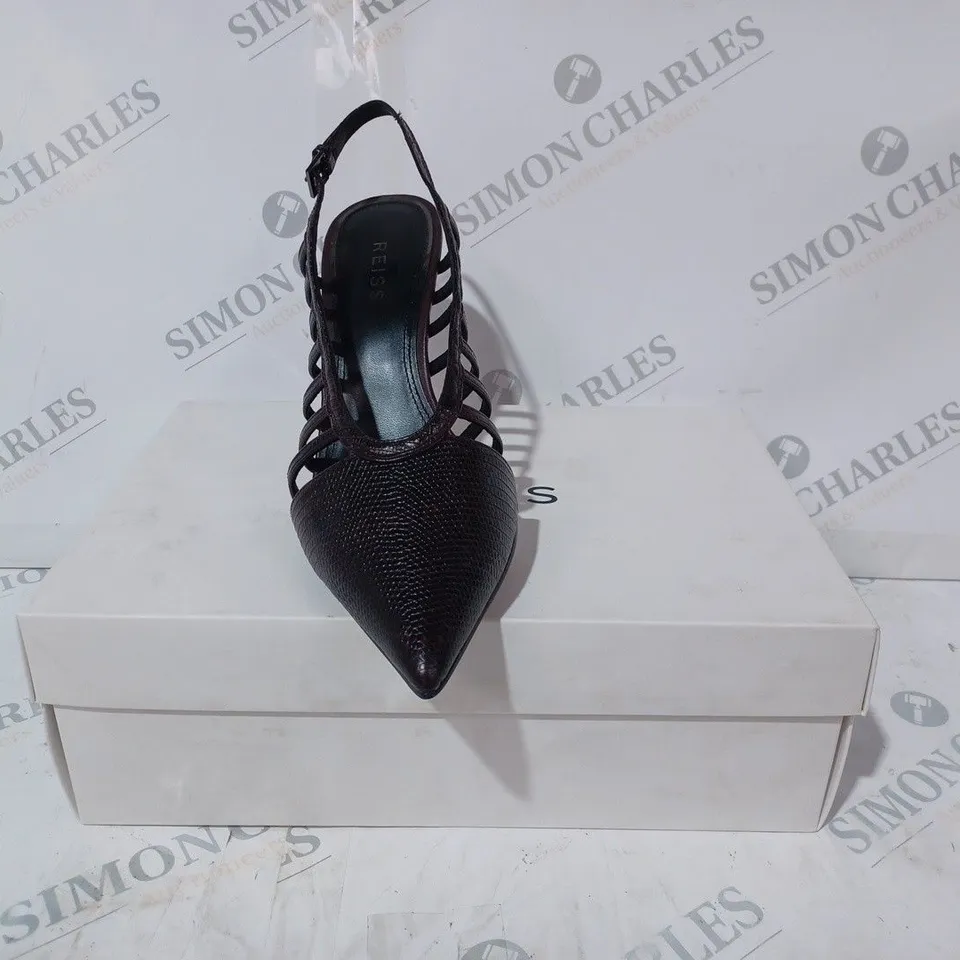 BOXED PAIR OF REISS DAPHNE SLINGBACK HEELS IN POMEGRANATE UK SIZE 6