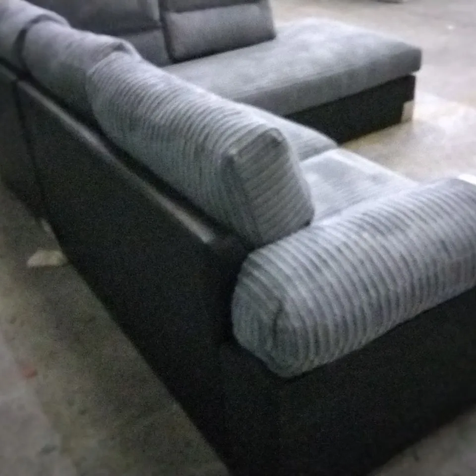 DESIGNER GREY CORDED FABRIC AND BLACK SUEDE EFFECT CORNER SOFA