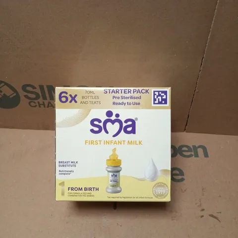 SMA FIRST INFANT MILK STARTER PACK - 6 X 70ML BOTTLES & TEATS (PRE-STERILISED) - BB 24/1/2027