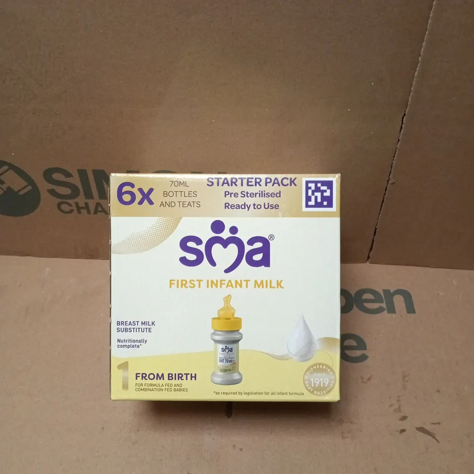 SMA FIRST INFANT MILK STARTER PACK - 6 X 70ML BOTTLES & TEATS (PRE-STERILISED) - BB 24/1/2027