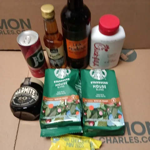 APPROXIMATELY 15 ASSORTED FOOD/DRINK PRODUCTS TO INCLUDE STARBUCKS COFFEE, LEA & PERRINS, J2O ETC