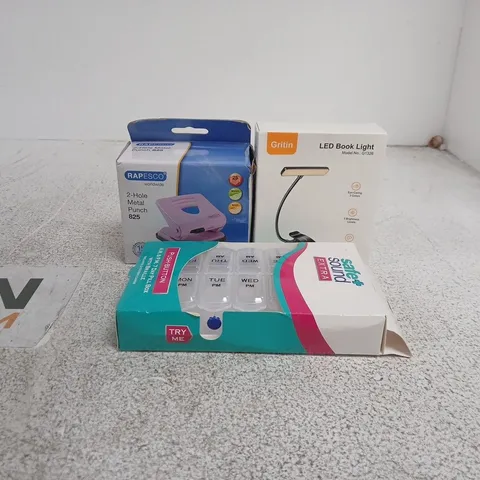 TOTE OF APPROXIMATELY 20 ASSORTED HOUSEHOLD ITEMS TO INCLUDE GRITIN LED BOOK LIGHT, RAPESCO METAL HOLE PUNCH, PILL BOX ETC