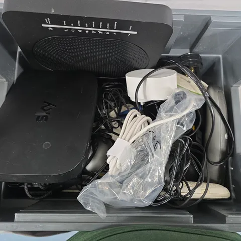 BOX OF ASSORTED CABLES AND MODEMS 