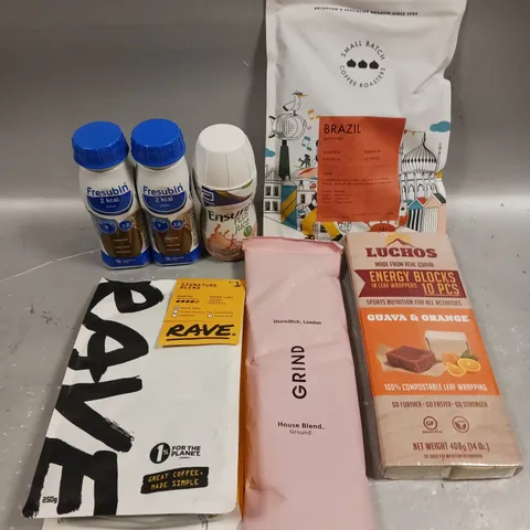 APPROXIMATELY 15 ASSORTED FOOD/DRINK PRODUCTS TO INCLUDE RAVE COFFEE, GRIND COFFEE, LUCHOS ENERGY BLOCKS ETC