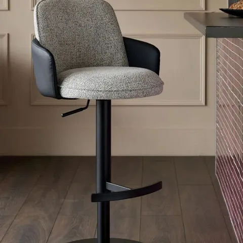 BOXED WREN GREY FABRIC AND BLACK FAUX LEATHER GAS LIFT BAR STOOL