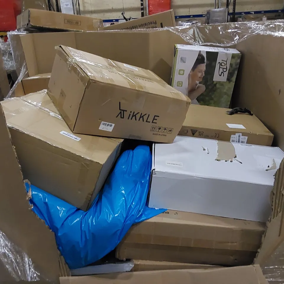 PALLET TO CONTAIN ASSORTED HOUSEHOLD ITEMS AND CONSUMER PRODUCTS. INCLUDING ELECTRIC HEATED UNDER BLANKET, TOILET RISER, TUMBLER HEAT PRESS ETC