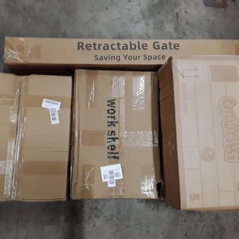 PALLET OF ASSORTED PRODUCTS INCLUDING CHILDREN'S BAGS, WORK SHELVES, RETRACTABLE GATES AND GARDEN ORNAMENT ECT