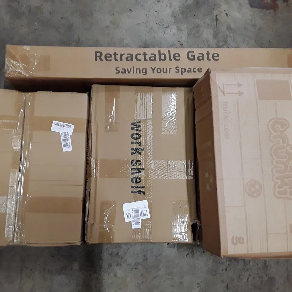 PALLET OF ASSORTED PRODUCTS INCLUDING CHILDREN'S BAGS, WORK SHELVES, RETRACTABLE GATES AND GARDEN ORNAMENT ECT