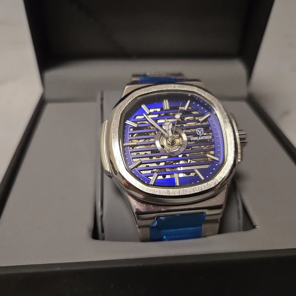 BOXED VONLANTHEN AUTOMATIC BLUE DIAL WATCH 