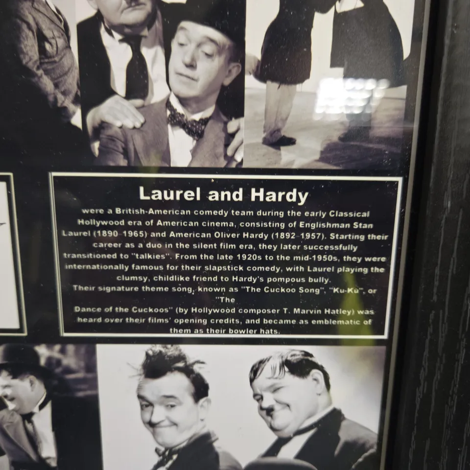 LAUREL AND HARDY FRAMED COLLAGE PRINT WITH SIGNATURES