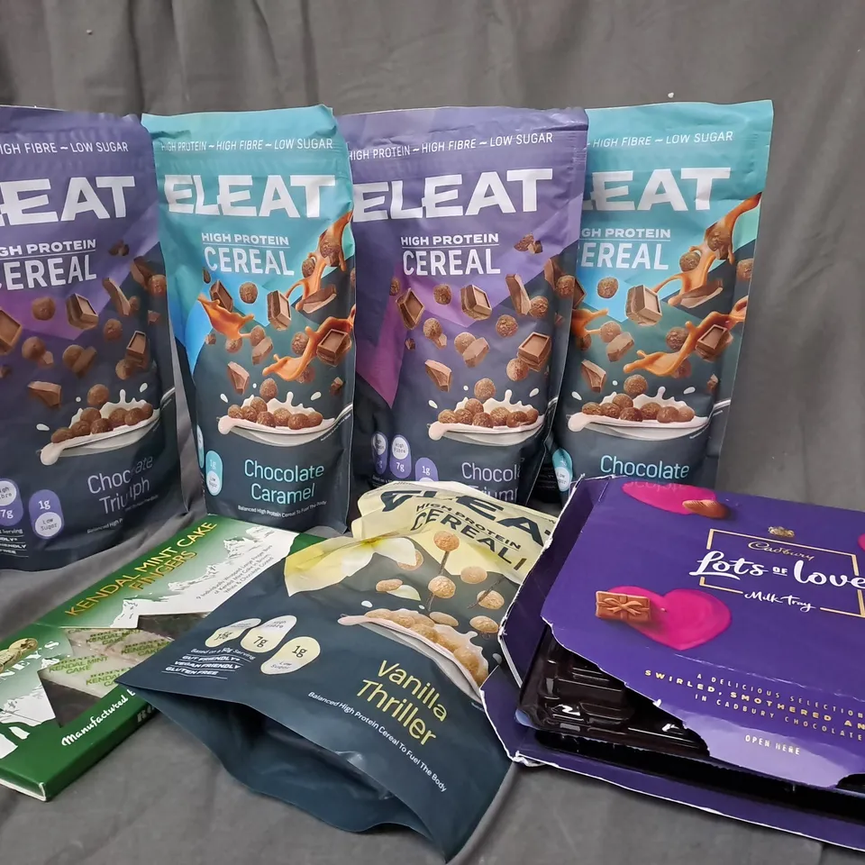 APPROXIMATELY 7 ASSORTED FOOD ITEMS TO INCLUDE ELEAT HIGH PROTEIN CEREAL, KENDAL MINT CAKE FINGERS, CADBURY MILK TRAY