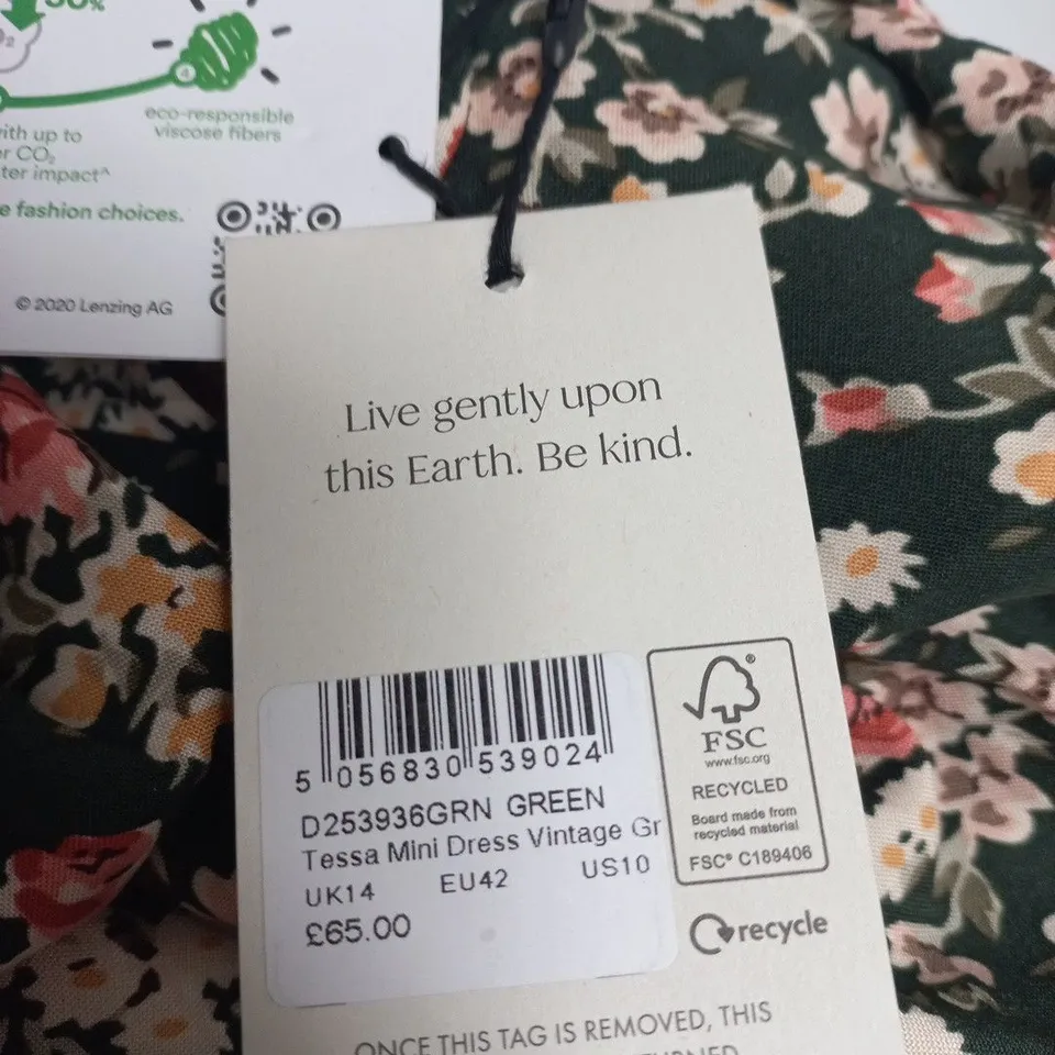 NOBODYS CHILD TESSA MINI DRESS – VINTAGE GREEN, UK14