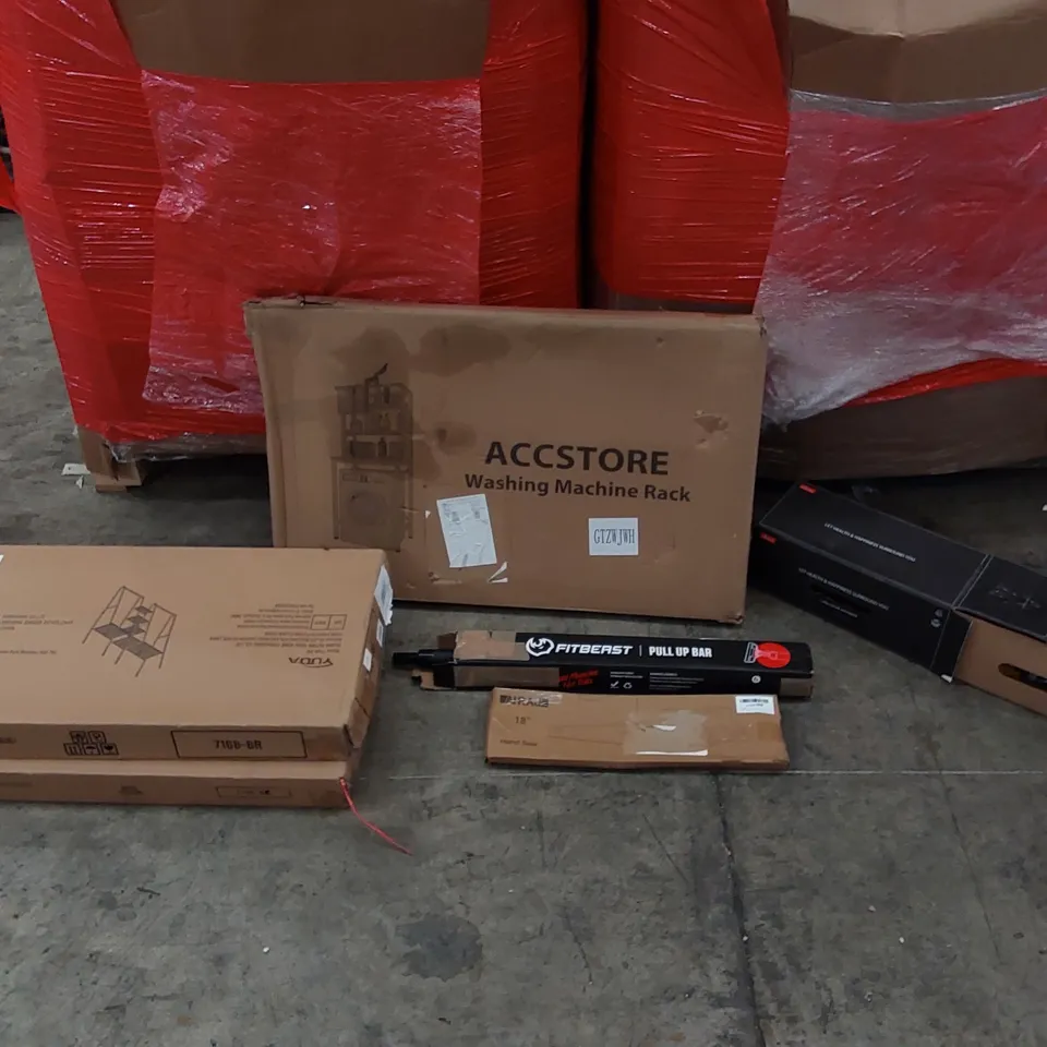 PALLET OF ASSORTED ITEMS INCLUDING: SHELVING, WASHING MACHINE RACK, RESTAR LAND ROVER RC CAR, PULL UP BAR, HAND SAW