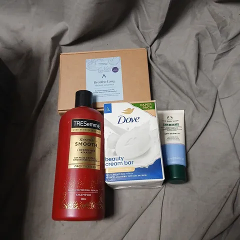 APPROXIMATELY 15 ITEMS INCLUDING HEALTH & BEAUTY BUNDLE: TRESEMME KERATIN SMOOTH SHAMPOO 680ML, DOVE BEAUTY BAR, THE BODY SHOP SKIN DEFENCE SPF50 MOISTURISER, BREATHE EASY SHOWER STEAMERS.