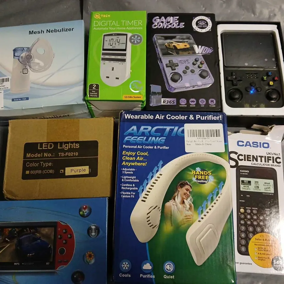 LOT OF 7 ASSORTED TECH ITEMS TO INCLUDE HANDHELD GAMES CONSOLE, COOLING FAN AND DIGITAL TIMER