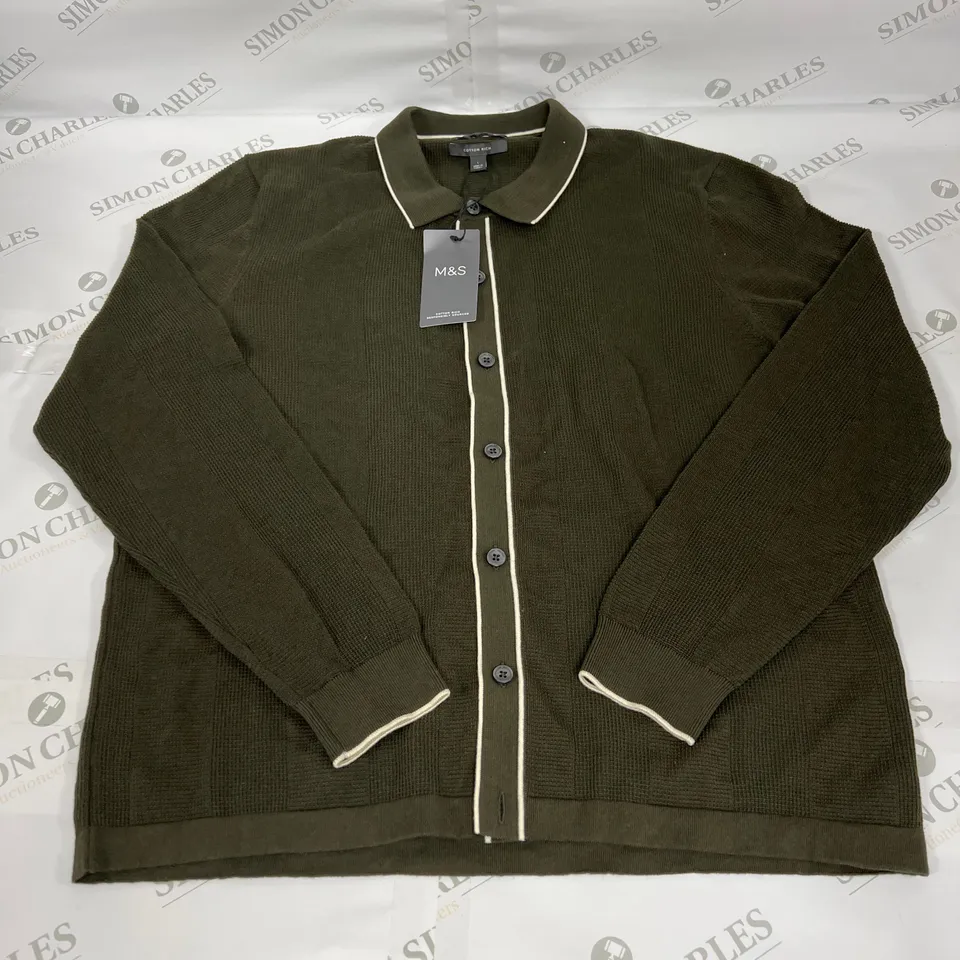 M&S COTTON RICH BUTTONED LONG SLEEVED SHIRT IN WAFFLE KNIT KHAKI SIZE LARGE