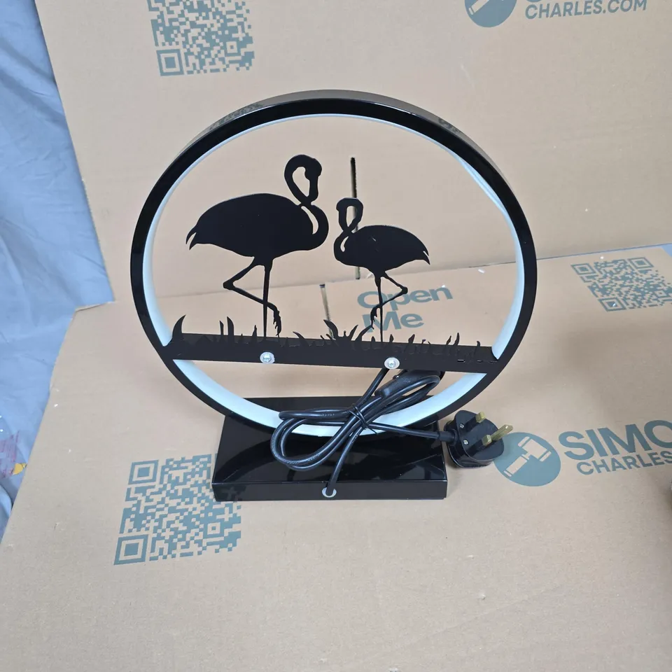LED RING LIGHT WITH FLAMINGO SILHOUETTE – BLACK TABLE LAMP (BOXED)