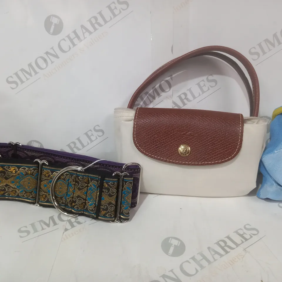 APPROXIMATELY 15 ASSORTED HOUSEHOLD ITEMS TO INCLUDE FAUX LEATHER PURSE, SAFETY GLOVES, ETC