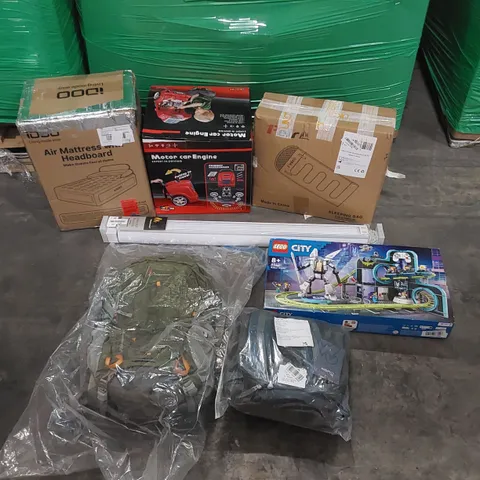 PALLET OF ASSORTED CONSUMER PRODUCTS TO INCLUDE: AIR MATTRESS, SLEEPING BAG, TOY CAR ENGINE, HIKING RUCKSACKS, ROLLER BLINDS, LEGO SET