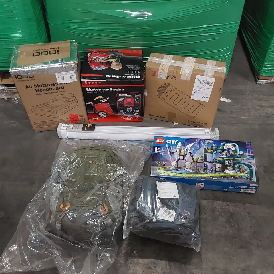 PALLET OF ASSORTED CONSUMER PRODUCTS TO INCLUDE: AIR MATTRESS, SLEEPING BAG, TOY CAR ENGINE, HIKING RUCKSACKS, ROLLER BLINDS, LEGO SET