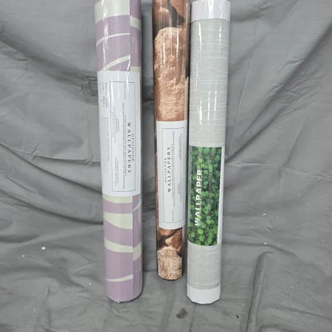 BOX OF APPROXIMATELY 22 ROLLS OF ASSORTED WALLPAPER, STILL WRAPPED.